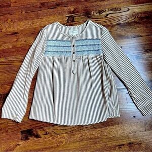 Current ELLIOT Cream & grey striped denim & blue embroidery top size 0 or XS